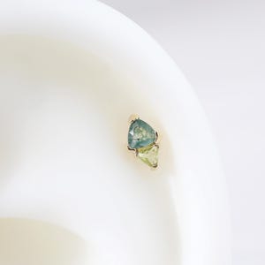 14K Solid Gold Trillion Moss Agate Earring, Solid Gold Peridot Triangular Helix Cartilage Piercing, Earlobe Conch Labret Push Back Stud