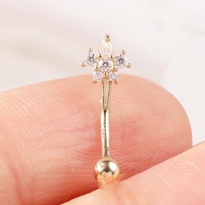 14K Solid Gold Moissanite Flower Rook Eyebrow Piercing, Diamond Floral Curved Barbell Rook Earring, Petal Rook Belly Navel Piercing Jewelry