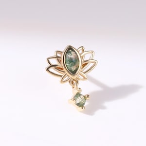 14K massief gouden mosagaat lotus hanger push-back, edelsteen helix conch draadloze pin oorbel, bloem kraakbeen tragus kwab labret piercing