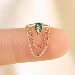 14K Solid Gold Pear Moss Agate Hoop Earring, Dangle Chain Cartilage Hoop Earring, Gemstone Huggie Earring, Dainty Hoop Earring Gift for her