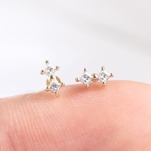 14K Solid Gold Square Moissanite Helix Earring, Dainty Diamond Tragus Push Back Stud, Square Earlobe Cartilage Conch Labret Threadless Pin