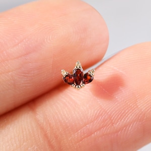 14K Solid Gold Red Garnet Floral Flat Back Earring, Real Gold Flower Helix Cartilage Tragus Stud, Conch Lobe Labret Threadless Pin Jewelry