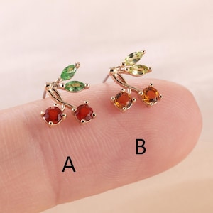 14K Solid Gold Red Agate and Tsavorite Cherry Helix Earring, Gold Carnelian Cartilage Earrings Citrine and Peridot Fruit Cherry Conch Stud