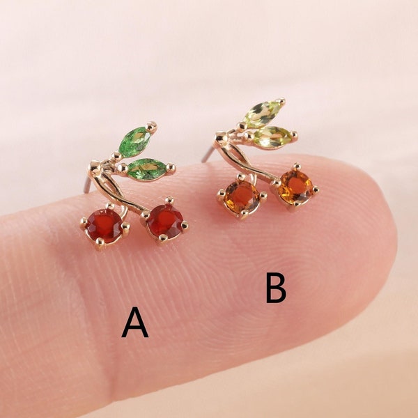 14K Solid Gold Red Agate And Tsavorite Cherry Helix Earring Gold Carnelian Cartilage Earrings Citrine And Peridot Fruit Cherry Helix Stud