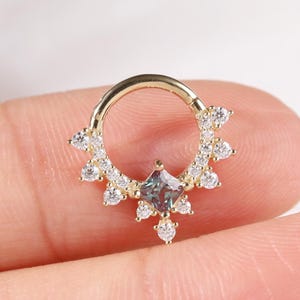 14K Solid Gold Alexandrite with Moissanite Daith Clicker Earring, Dainty Diamond Seamless Helix Huggie 16G Hoop Hinged Septum Ring Piercing