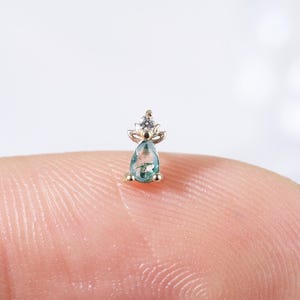 14K Solid Gold Pear Moss Agate Lotus Earring, Dainty Tragus Moissanite Threadless Pin Stud, Floral Lobe Conch Helix Nose Cartilage Piercing