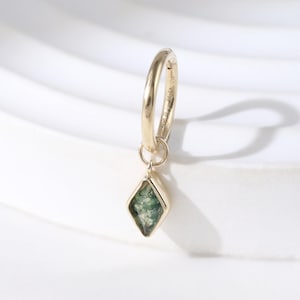 14K Solid Gold Moss Agate Dangle Charm, Rhombic Cartilage Rook Conch Hoop Earring Charm, 14K Helix Lobe Tragus Huggie Ring Pendant Earring