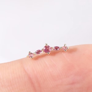 14K Solid Gold Pink Tourmaline with Rhodolite Garnet Cartilage Ear Climber, Gemstone Helix Crawler Cartilage Threadless Push Pin Earring