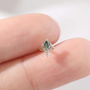 14K Solid Gold Lotus geformt Moosachat Push Back, Edelstein Helix Conch Threadless Pin Bolzen, Blume Tragus Ohrläppchen Knorpel Labret Schmuck