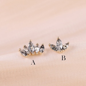 14K Solid Gold Schwarz Rutilquarz Marquise Fan Stud, Knorpel Piercing, Conch Ohrring, Helix Stud, Tragus Schmuck, Flat Back Ohrring
