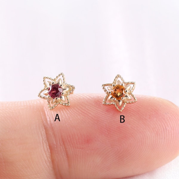 14K Solid Gold Citrine Star Helix Piercing, Garnet Flower Cartilage Earring, Gold Gemstone Conch Stud, Tragus Jewelry, Flat Back Earring