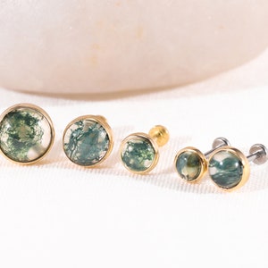14K Solid Gold Moss Agate Flat Back Stud, Many Size Gemstone Helix Labert Conch Tragus Piercing, Gold Tiny Threadless Push Pin Earring