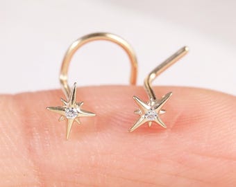 14K Solid Gold Moissanite Bezel Setting North Star Nose Stud, L-Shaped Diamond Nose Ring, Celestial Screw Thin 20G Piercing by LeiTjewelry