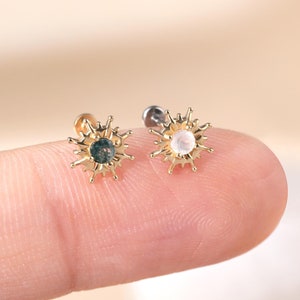14K Solid Gold Moss Agate Sun Helix Conch Threadless Pin Stud, Dainty Real Gold Moonstone Cartilage Earlobe Labret Flat Back Piercing
