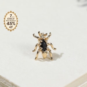 14K Solid Gold Black Spinel Ant Stud Earring,  Nature-Inspired Threadless Flat Back Stud, Cartilage Helix Conch Lobe Piercing By LeiTjewelry