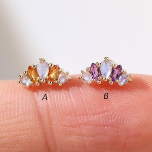 14K Solid Gold Labradorite with Amethyst Stud, Citrine Crown Threadless Push Pin Piercing,  Fan Shaped Cartilage Helix Conch Flat Back Stud