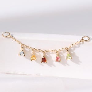 Catena in oro massiccio 14 carati con granato, citrino, topazio, peridoto e tormalina, catena pendente con pietre preziose colorate, connettore per catena a elica, conchiglia, cartilagine e lobo