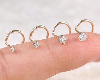 Piercing para nariz en forma de S con diamante y engaste de garra de oro macizo de 14 quilates, pequeño tornillo de moissanita, delicado piercing para nariz multitamaño de 20 g