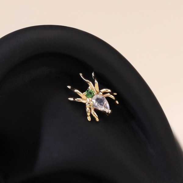 Piercing de oro macizo de 14 quilates con tsavorita y labradorita, pendiente de oro con forma de araña, gema para cartílago daith, pendiente de caracola con parte trasera plana para trago.