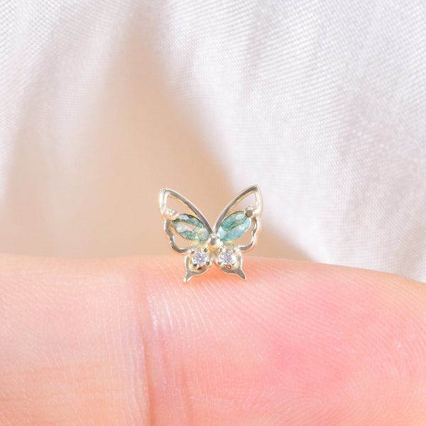 14K Solid Gold Moss Agate Butterfly Stud Earring Cartilage Earring Moissanite Threadless Stud Flat Back Earring Helix Stud Conch Earring