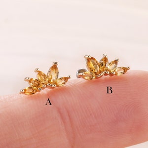 14K Solid Gold Citrine Marquise Fan Cartilage Piercing, Gemstone Helix Conch Tragus Climber, Crown Threadless Push PinFlat Back Earring
