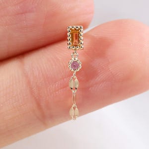 14K Solid Gold Citrine with Pink Tourmaline Piercing, Geometric Lip Chain Helix Conch Threadless Pin, Dangle Tragus Lobe Cartilage Push Back
