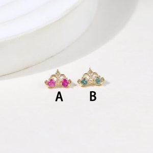 14K Solid Gold Ruby Earlobe Earring, Solid Gold Alexandrite Crown Shaped Conch Helix Cartilage Piercing Threadless Stud Flat Back Earring