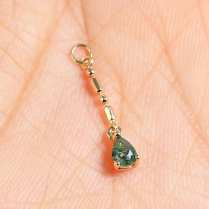 14K Solid Gold Pear Moss Agate Dangle Charm, Real Gold Teardrop Helix Ring Charm Piercing, 14K Cartilage Hoop Lobe Clicker Huggie Charm
