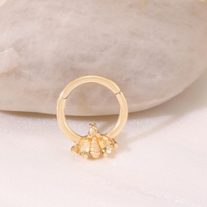 14K Solid Gold Honey Bee Citrine Hoop Clicker, Gold Gemstone Septum Hoop, Nostril Ring, Seamless Clicker, Cartilage Clicker, Rook Ring 16G