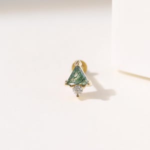 14K Solid Gold Triangular Moss Agate Earring, Solid Gold Moissanite Helix Cartilage Piercing, Earlobe Conch Tragus Snug Push Back Stud