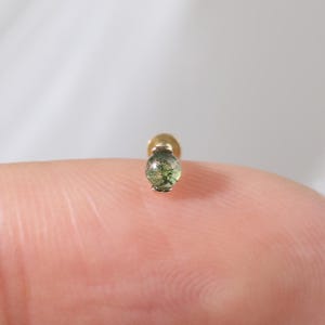 14K Solid Gold Round Moss Agate Piercing, Half-bezel Setting Cartilage Tragus Threadless Pin Stud, Tiny Helix Conch Labret Push Back Stud