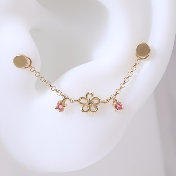 14K Solid Gold Flower Pink Tourmaline Chain, Swiss Blue Topaz Dangle Chain Attachment, Dangle Gemstone Helix Conch Cartilage Lobe Chain