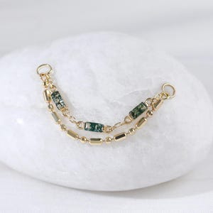 14K ソリッド ゴールド モス アゲート イヤリング チェーン、ロング ビーン チェーン コンク インダストリアル ピアス ジュエリー、ゴールド ノーズ ヘリックス 軟骨 ダブル チェーン コネクタ
