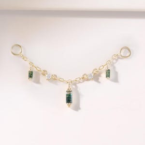 14K Solid Gold Dangle Baguette Moss Agate with Moissanite Nose chain,  Diamond Frontal Helix Industrial Huggie Ring Rook Cuff Earring Chain