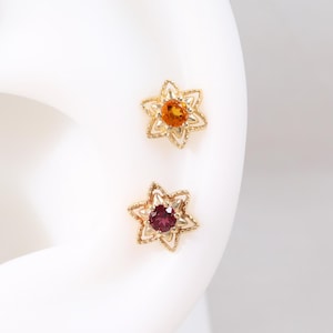 14K Solid Gold Citrine Star Helix Threadless Push Pin Stud, Rhodolite Garnet Twinkle Cartilage Earlobe Conch Labret Flat Back Piercing