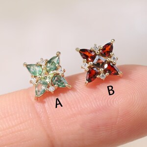 14K Solid Gold Floral Moss Agate with Peridot Stud, Flower Garnet with Smoky Quartz Earring, Moissanite Conch Lobe Helix Flat Back Piercing