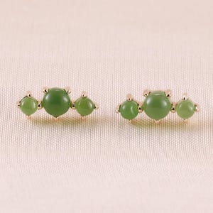 14K Solid Gold Natural Jade Ear Climbers, Jasper Cartilage Cluster Flat Back Piercing, Gemstone Helix Conch Threadless Stud Earring