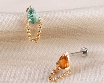 14K Solid Gold Moss Agate Citrine Bead Chain Dangle Stud, Cartilage Helix Tragus Earring, Threadless Push Flat Back Piercing by LeiTjewelry