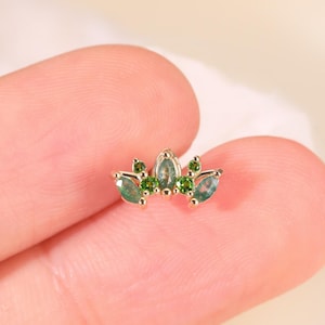 14K Gold Moss Agate Crown Gemstone Earring Threadless Push Pin Stud Dainty Fan Shape Cartilage Helix Diopside Flat Back Earring gift for her