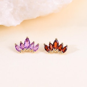 14K Solid Gold Garnet and Amethyst Conch Stud Earring, Gold Fan Shaped Gemstone Helix Stud, Gold Threadless Pin Stud Flat Back Earring