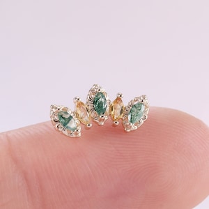 14K Gold Moss Agate And Citrine Climber Earring Threadless Push Pin Stud Dainty Lotus Shape Earring Cartilage Helix Conch Earring Flat Back