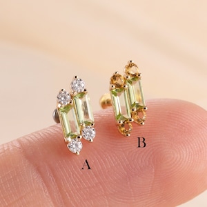 14K Solid Gold Peridot Baguette Earrings, Gemstone Cartilage Ends, Moissanite Helix Stud, Citrine Conch Piercing, Tragus Flat Back Earring