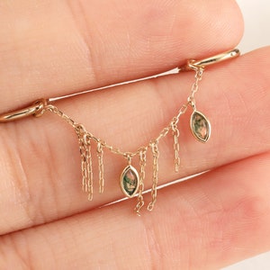 Cadena de ágata musgosa de oro macizo de 14 quilates, accesorio para cartílago hélix con gema natural, piercing colgante de cadena tipo cable, conector clicker de LeiTjewelry