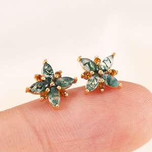 14K massief gouden mosagaat met citrienbloemknop, edelsteen bloemenkraakbeen helixoorbel, bloemschelp oorlel tragus push-back oorbel