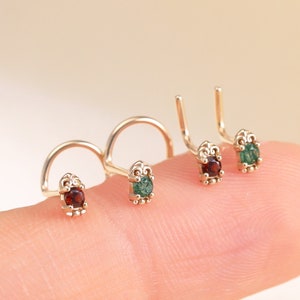 14K Solid Gold Moss Agate S Shape Nose Stud, Real Gold Red Garnet L Shaped Nose Ring, Floral Gemstone Screw Pin Nose Piercing Jewelry