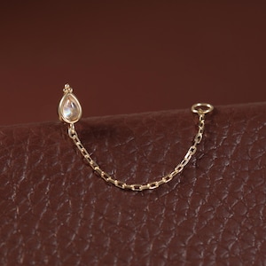 14K massivt guld månsten hängande kedja örhänge droppformad dubbel piercing helix lob conch brosk gänglös platt baksida örhänge från LeiTjewelry