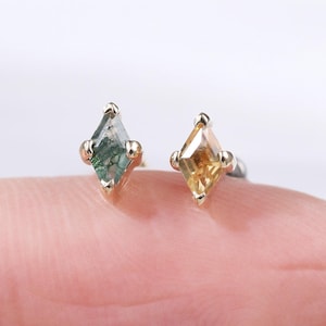 14K Solid Gold Helix Tragus Stud, Natural Citrine/Moss Agate Flat Back Earring by LeiTjewelry