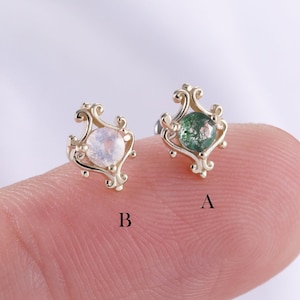 14K Solid Gold Vintage Moss Agate Earring, Antique Moonstone Cartilage Threadless Push Pin Stud, Helix Conch Classic Flat Back Piercings