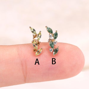 14K Solid Gold Leaf Moss Agate with Moissanite Stud, Gold Peridot with Citrine Helix Conch Earring, Gemstone Helix Stud, Tragus Push Back
