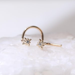 14K Solid Gold Moissanite Nose Stud, Solid Gold Diamond Star L Shaped Nose Piercing, Real Gold 20G S Shaped Star Corkscrew Nose Ring